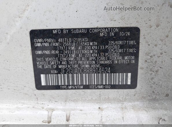 JF2GUADC8R8914624 2024 SUBARU CROSSTREK White Engine compartment view