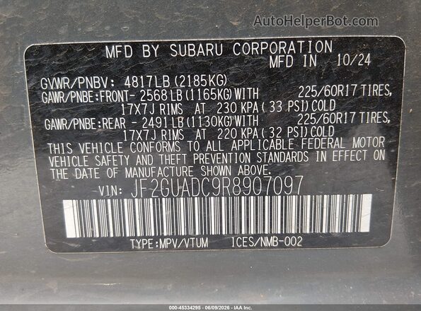 JF2GUADC9R8907097 2024 SUBARU CROSSTREK Gray Շարժիչի բաժամունքի տեսք