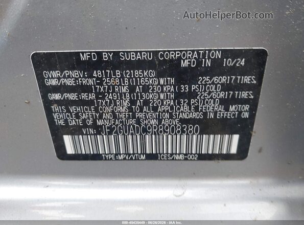 JF2GUADC9R8908380 2024 SUBARU CROSSTREK Silver Widok komory silnika