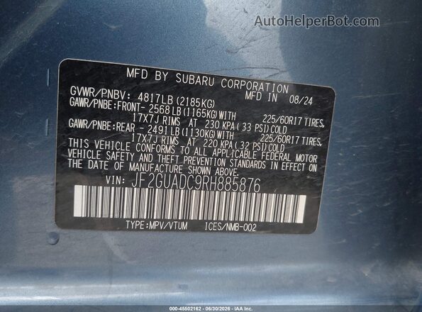 JF2GUADC9RH885876 2024 SUBARU CROSSTREK Light Blue Vista del compartimento del motor