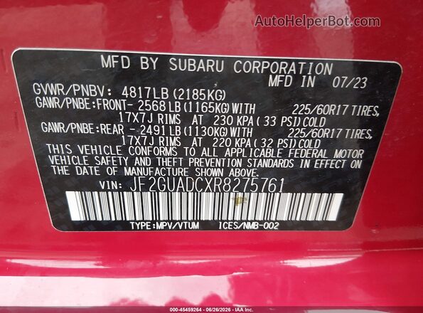 JF2GUADCXR8275761 2024 SUBARU CROSSTREK Red Engine compartment view