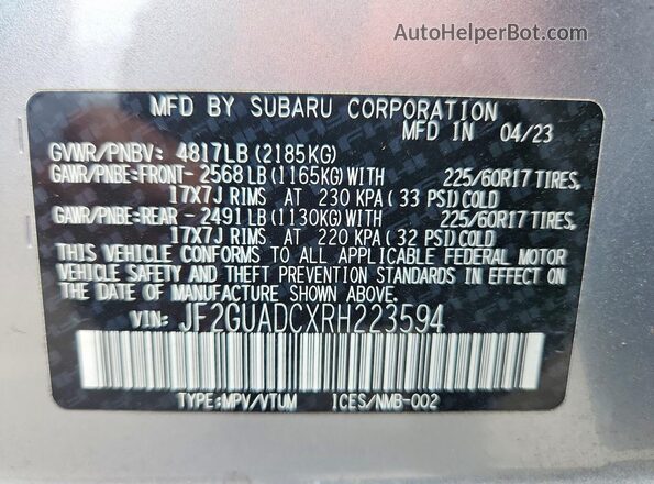 JF2GUADCXRH223594 2024 SUBARU CROSSTREK Silver 