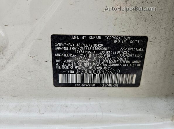 JF2GUADCXRH226219 2024 SUBARU CROSSTREK White 