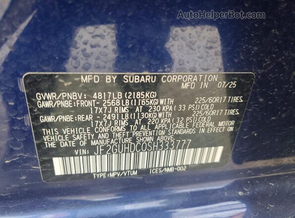 JF2GUHDC0SH333777 2025 SUBARU CROSSTREK Blue Vista de la etiqueta del VIN