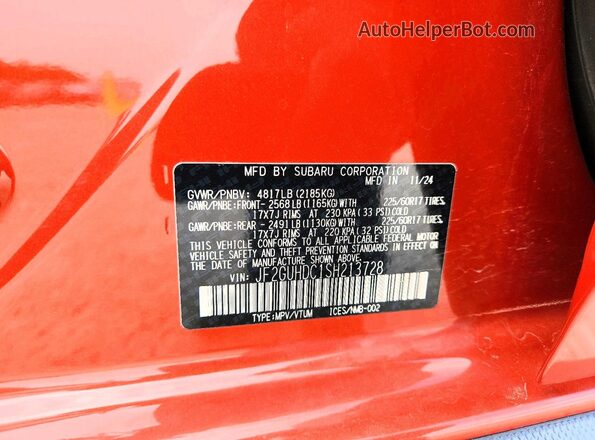 JF2GUHDC1SH213728 2025 SUBARU CROSSTREK Orange Вид наклейки з VIN-кодом