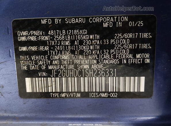 JF2GUHDC1SH236331 2025 SUBARU CROSSTREK Синий Вид подкапотного пространства