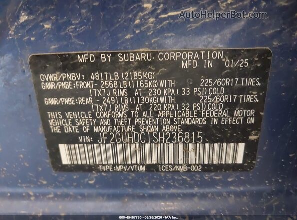 JF2GUHDC1SH236815 2025 SUBARU CROSSTREK Blue Вид підкапотного простору