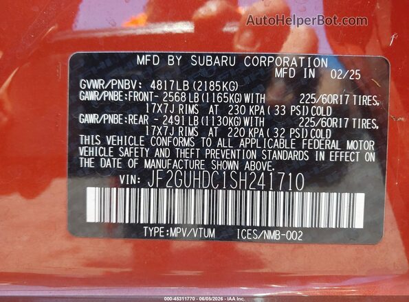 JF2GUHDC1SH241710 2025 SUBARU CROSSTREK Orange 