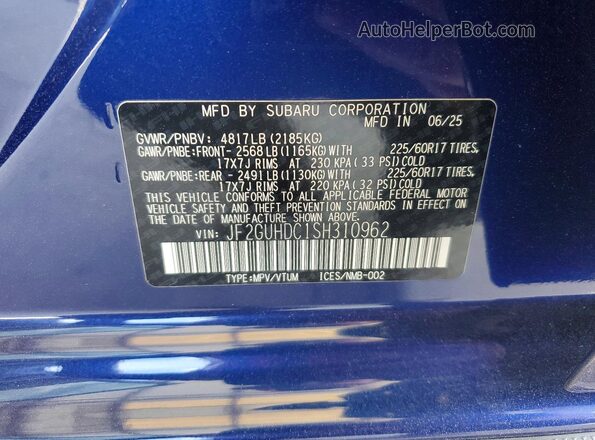 JF2GUHDC1SH310962 2025 SUBARU CROSSTREK Синий Вид подкапотного пространства