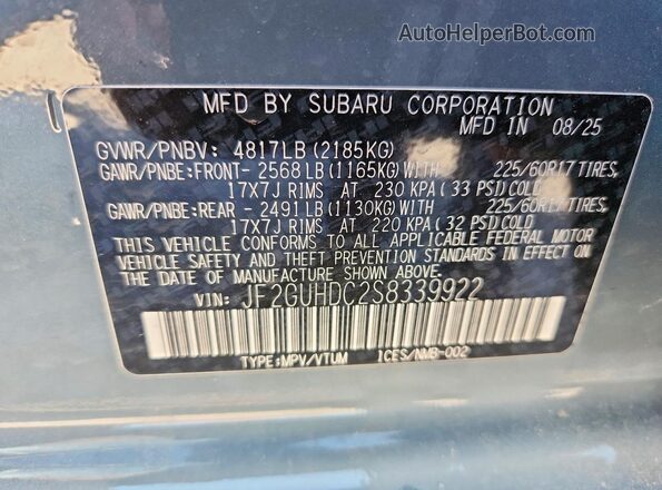 JF2GUHDC2S8339922 2025 SUBARU CROSSTREK Blue სალონის 360-გრადუსიანი ხედი