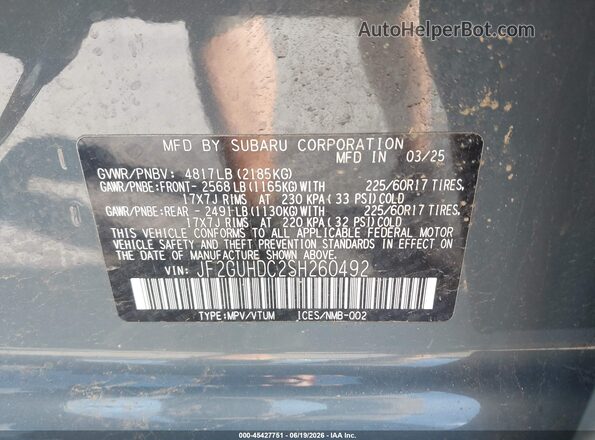JF2GUHDC2SH260492 2025 SUBARU CROSSTREK Gray Շարժիչի բաժամունքի տեսք