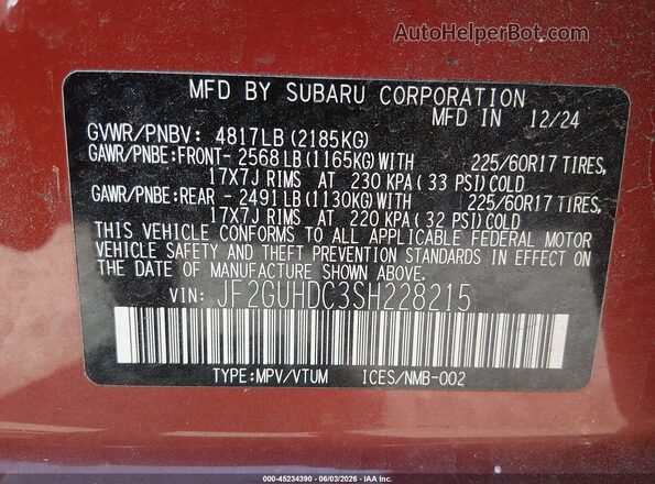 JF2GUHDC3SH228215 2025 SUBARU CROSSTREK Orange 