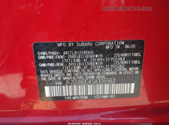 JF2GUHDC4SH305562 2025 SUBARU CROSSTREK Red Vista del compartimento del motor