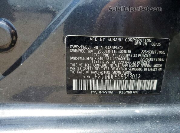 JF2GUHDC5S8343012 2025 SUBARU CROSSTREK Gray Widok naklejki z numerem VIN