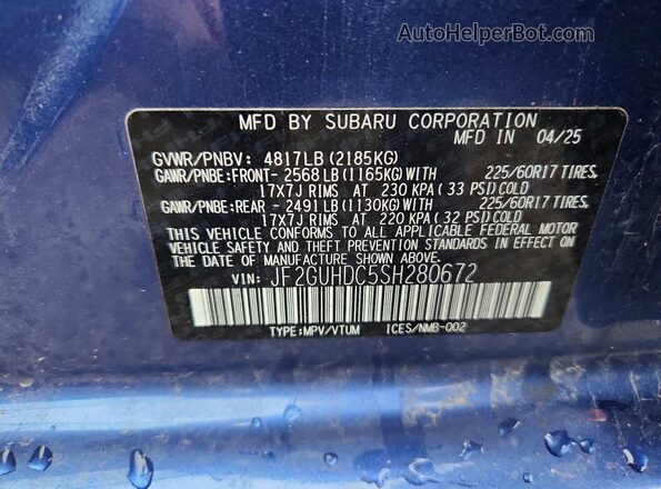 JF2GUHDC5SH280672 2025 SUBARU CROSSTREK Blue Engine compartment view