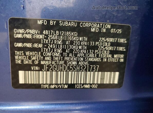 JF2GUHDC5SH321737 2025 SUBARU CROSSTREK Синий Панорамный вид салона 360°