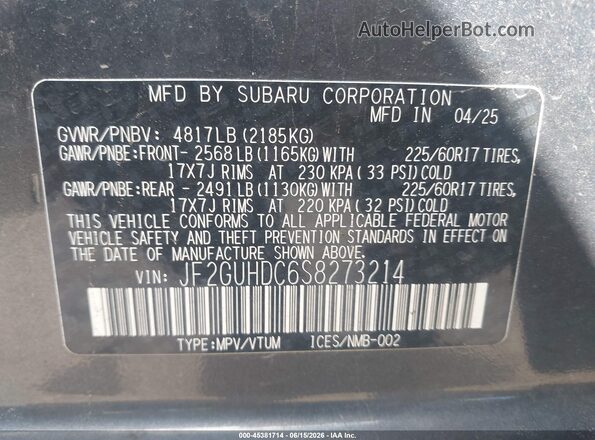 JF2GUHDC6S8273214 2025 SUBARU CROSSTREK Gray Вид підкапотного простору