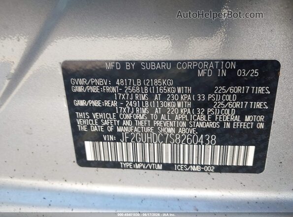 JF2GUHDC7S8260438 2025 SUBARU CROSSTREK Silver Vista del compartimento del motor
