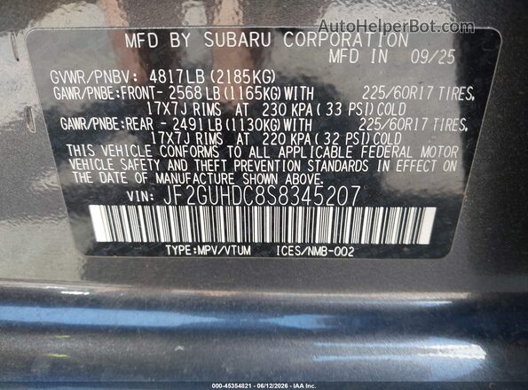 JF2GUHDC8S8345207 2025 SUBARU CROSSTREK Серый Вид подкапотного пространства