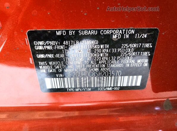 JF2GUHDC8SH203570 2025 SUBARU CROSSTREK Оранжевый Вид подкапотного пространства