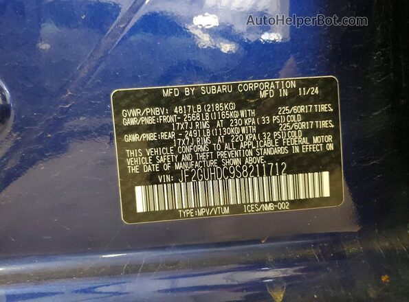 JF2GUHDC9S8211712 2025 SUBARU CROSSTREK Blue Vista de la etiqueta del VIN