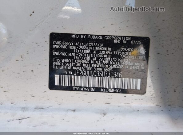 JF2GUHDC9SH331946 2025 SUBARU CROSSTREK White Widok komory silnika
