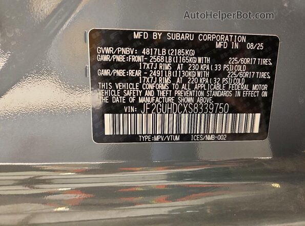 JF2GUHDCXS8339750 2025 SUBARU CROSSTREK Teal 
