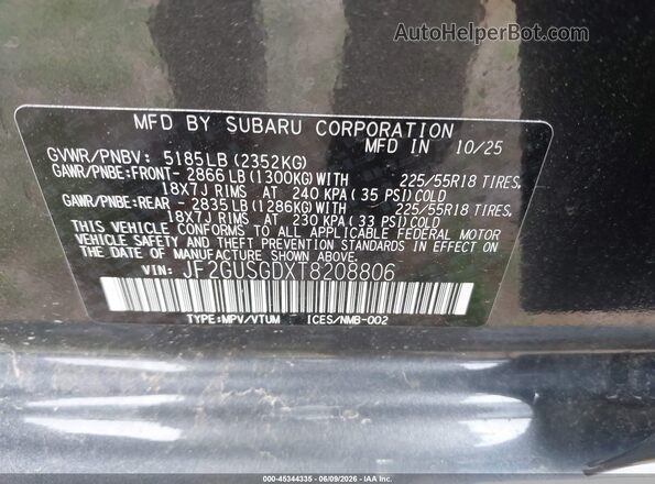 JF2GUSGDXT8208806 2026 SUBARU CROSSTREK Gray Engine compartment view