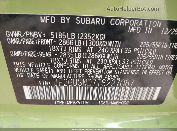 JF2GUSND7T8227087 2026 SUBARU CROSSTREK Зеленый Вид подкапотного пространства