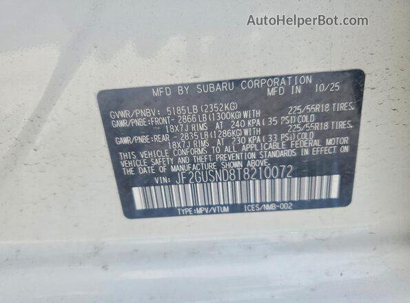 JF2GUSND8T8210072 2026 SUBARU CROSSTREK White Widok naklejki z numerem VIN