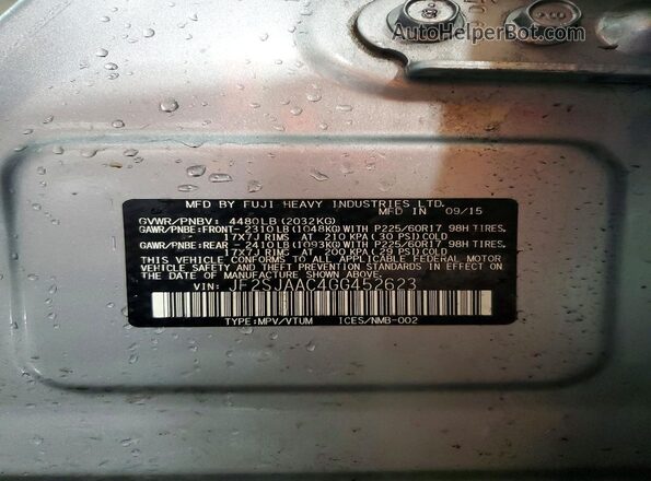 JF2SJAAC4GG452623 2016 SUBARU FORESTER Silver VIN sticker view