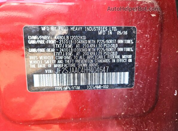 JF2SJAAC4HH404647 2017 SUBARU FORESTER Red 