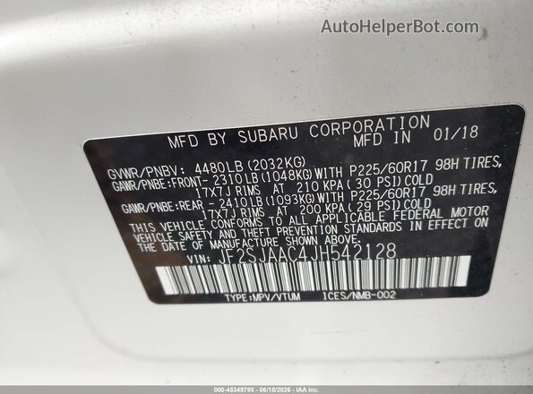 JF2SJAAC4JH542128 2018 SUBARU FORESTER White ძრავის განყოფილების ხედი