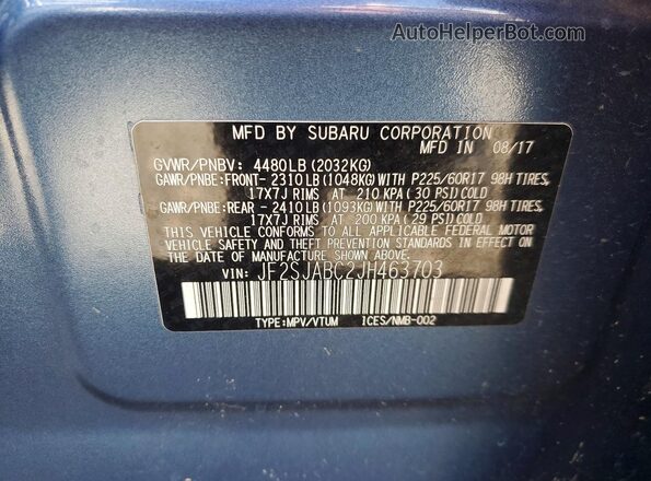 JF2SJABC2JH463703 2018 SUBARU FORESTER Blue Вид наклейки з VIN-кодом
