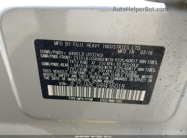 JF2SJABC3HH436018 2017 SUBARU FORESTER Silver 