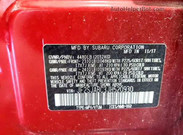 JF2SJABC3JH520930 2018 SUBARU FORESTER Red VIN կոդի պիտակի տեսք