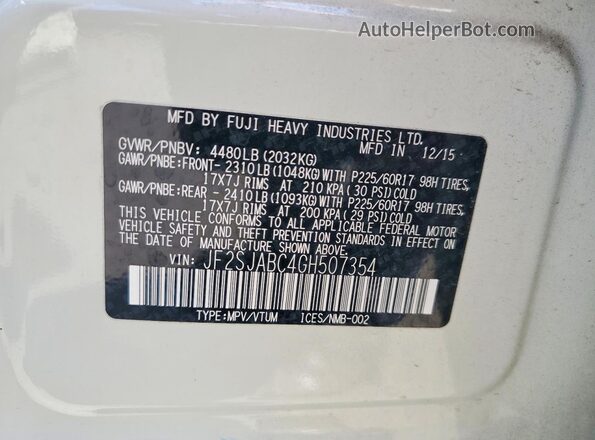 JF2SJABC4GH507354 2016 SUBARU FORESTER White Вид наклейки з VIN-кодом