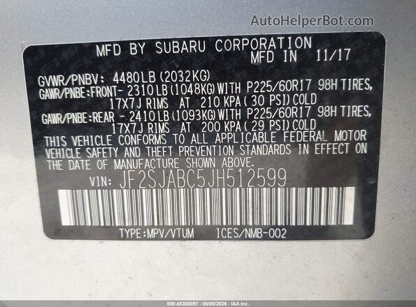JF2SJABC5JH512599 2018 SUBARU FORESTER Silver 