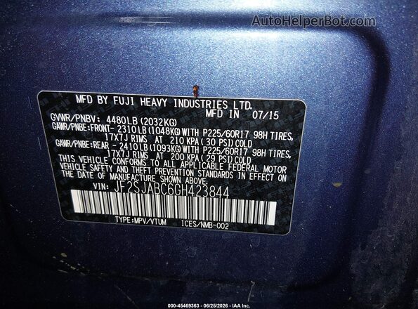 JF2SJABC6GH423844 2016 SUBARU FORESTER Blue Vista del compartimento del motor