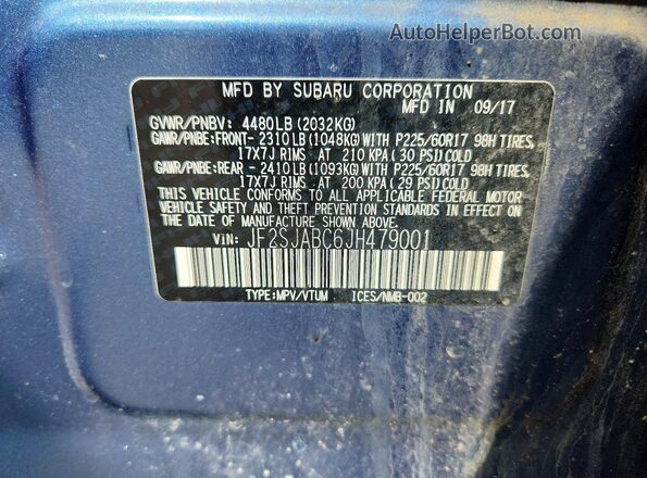 JF2SJABC6JH479001 2018 SUBARU FORESTER Blue Widok naklejki z numerem VIN