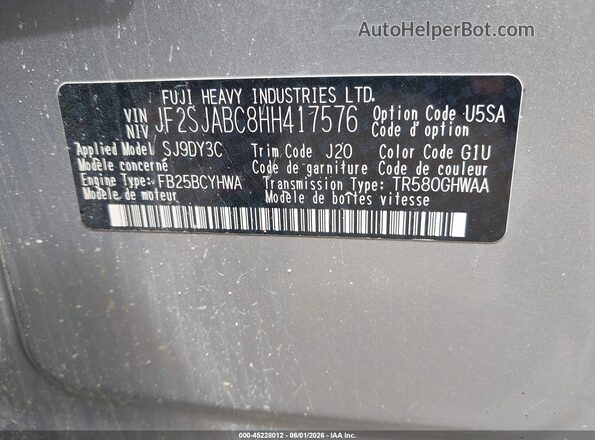 JF2SJABC8HH417576 2017 SUBARU FORESTER Silver Вид підкапотного простору