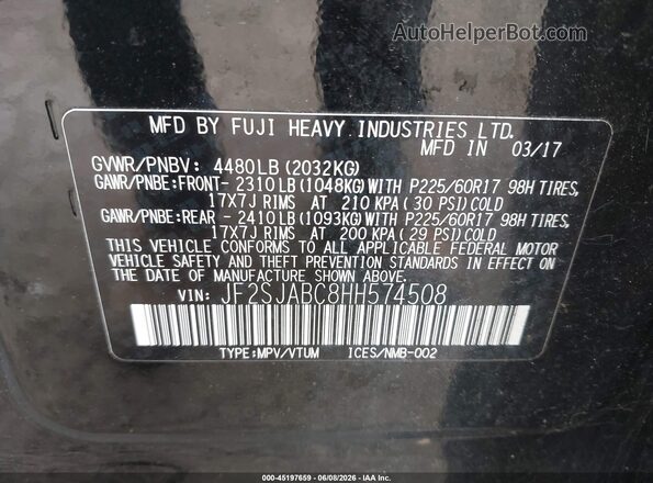 JF2SJABC8HH574508 2017 SUBARU FORESTER Black Widok komory silnika