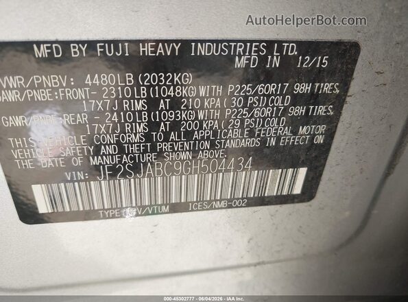 JF2SJABC9GH504434 2016 SUBARU FORESTER Silver Շարժիչի բաժամունքի տեսք