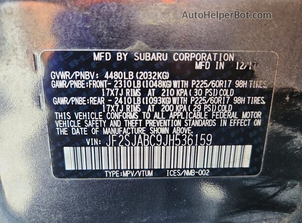 JF2SJABC9JH536159 2018 SUBARU FORESTER Gray Вид наклейки з VIN-кодом