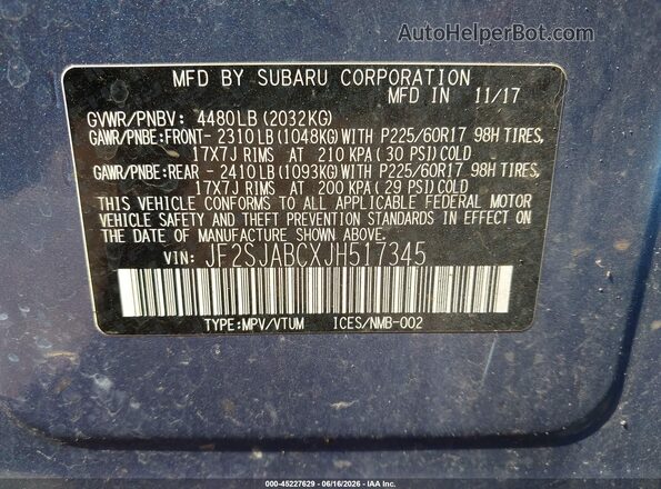 JF2SJABCXJH517345 2018 SUBARU FORESTER Blue Widok komory silnika