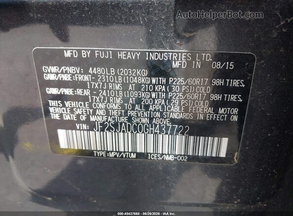 JF2SJADC0GH437722 2016 SUBARU FORESTER Gray Вид підкапотного простору