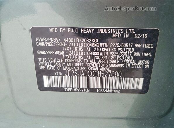 JF2SJADC0GH527680 2016 SUBARU FORESTER Teal Вид наклейки з VIN-кодом
