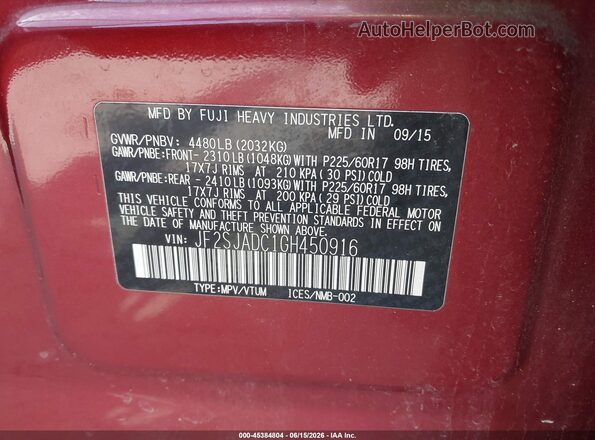 JF2SJADC1GH450916 2016 SUBARU FORESTER Red Вид підкапотного простору