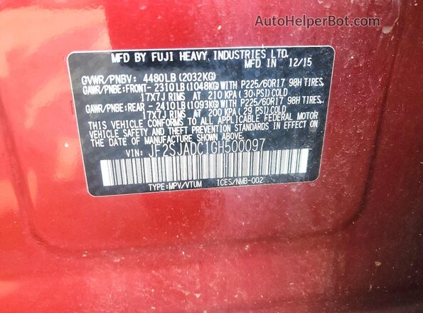JF2SJADC1GH500097 2016 SUBARU FORESTER Красный Вид наклейки с VIN-кодом
