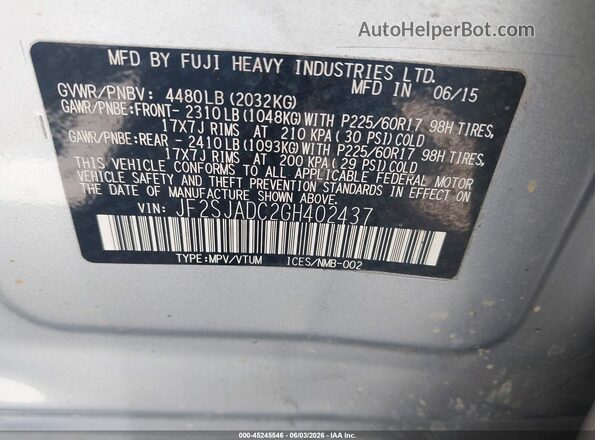 JF2SJADC2GH402437 2016 SUBARU FORESTER Silver 